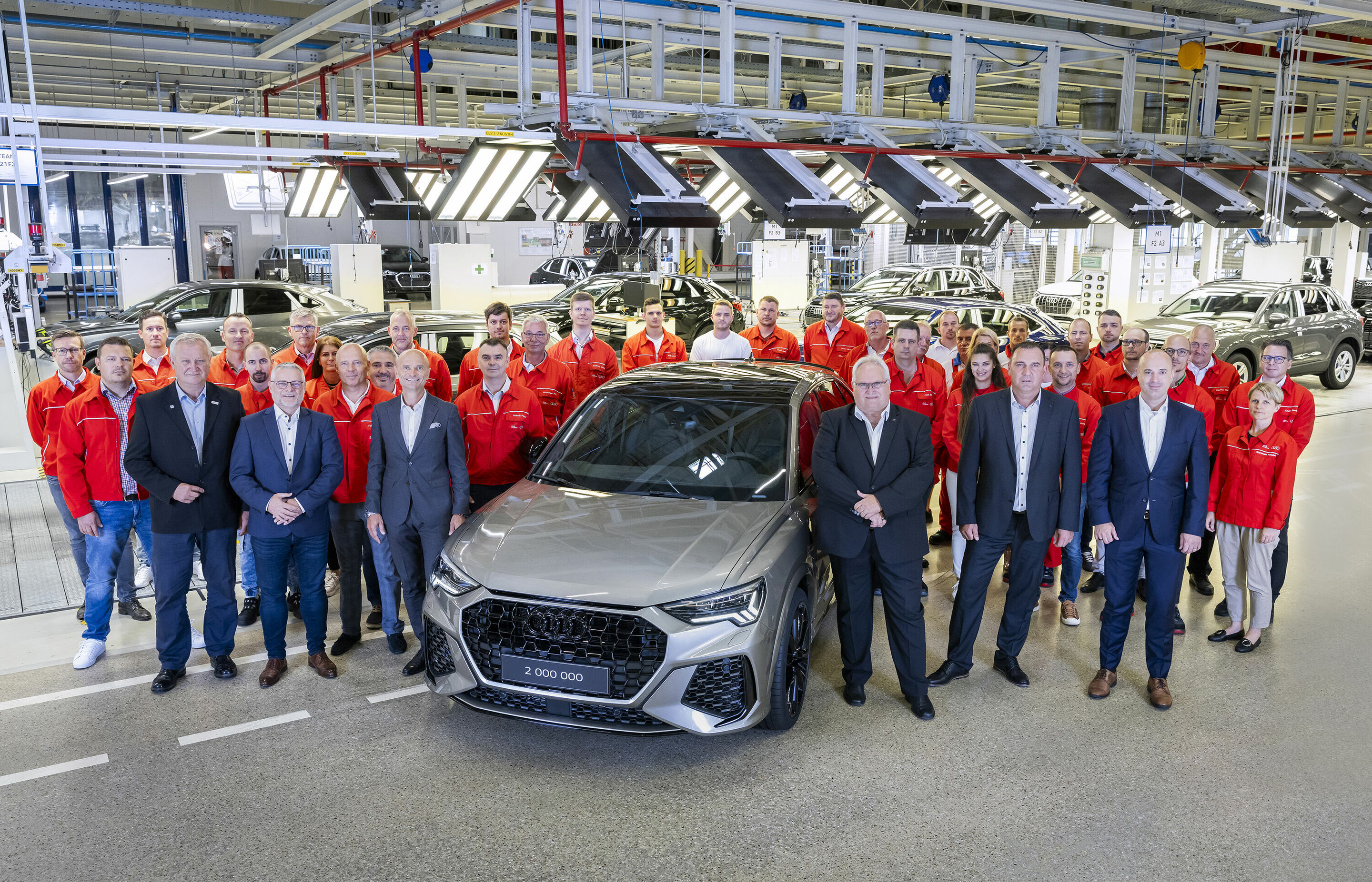 Audi Hungaria: production of the 2 millionth Audi in Győr is finished - From left to right: Sándor Németh, president of Audi Hungária independent Trade Union, Robert Buttenhauser, Member of the Board of Management Production Powertrain, Zoltán Les, Member...