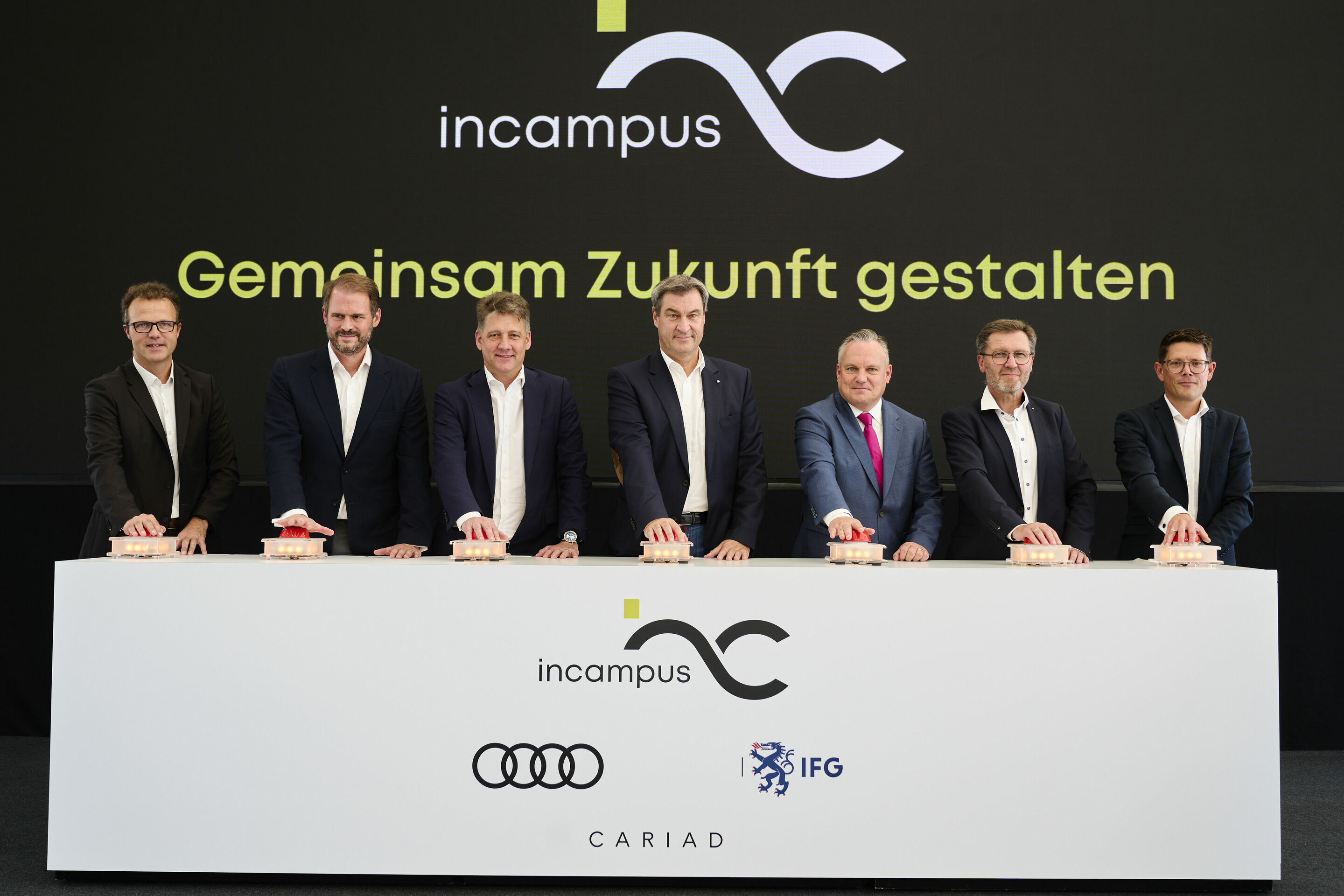Opening ceremony of the incampus in Ingolstadt on September 15, 2023 - Audi Events and Services GmbH; Peter Bosch, CEO CARIAD; Gernot Döllner, Chairman of the Board of AUDI AG; Markus Söder, Bavarian Minister-President; Christian Scharpf, Mayor of the...