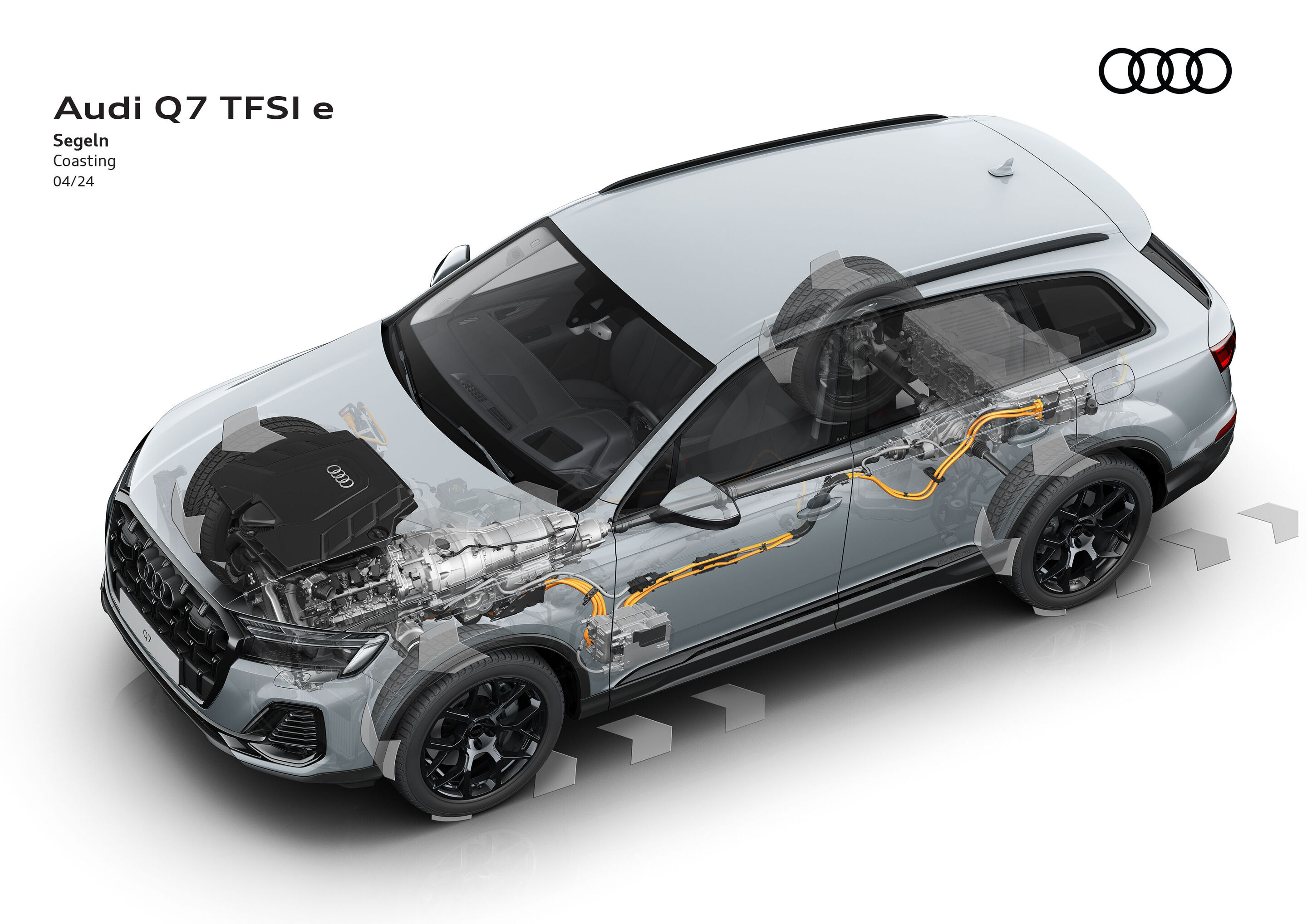 Illustration - Audi Q7 TFSI e quattro - In "coasting" mode, the three-litre, six-cylinder petrol engine is switched off and the car runs "free", with the predictive efficiency assistant (PEA) making the decision to maximize efficiency. Alternatively,...