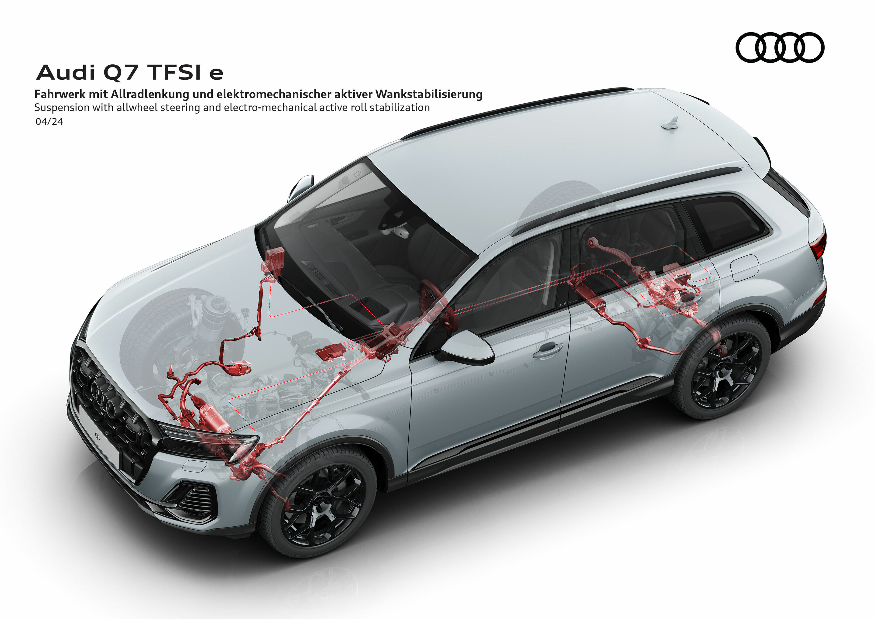 Illustration - Audi Q7 TFSI e quattro - The optional all-wheel steering, available for the first time for the Q7 TFSI e quattro, ensures an increased level of safety and comfort. The optional electromechanical active roll stabilization (eAWS) reduces...