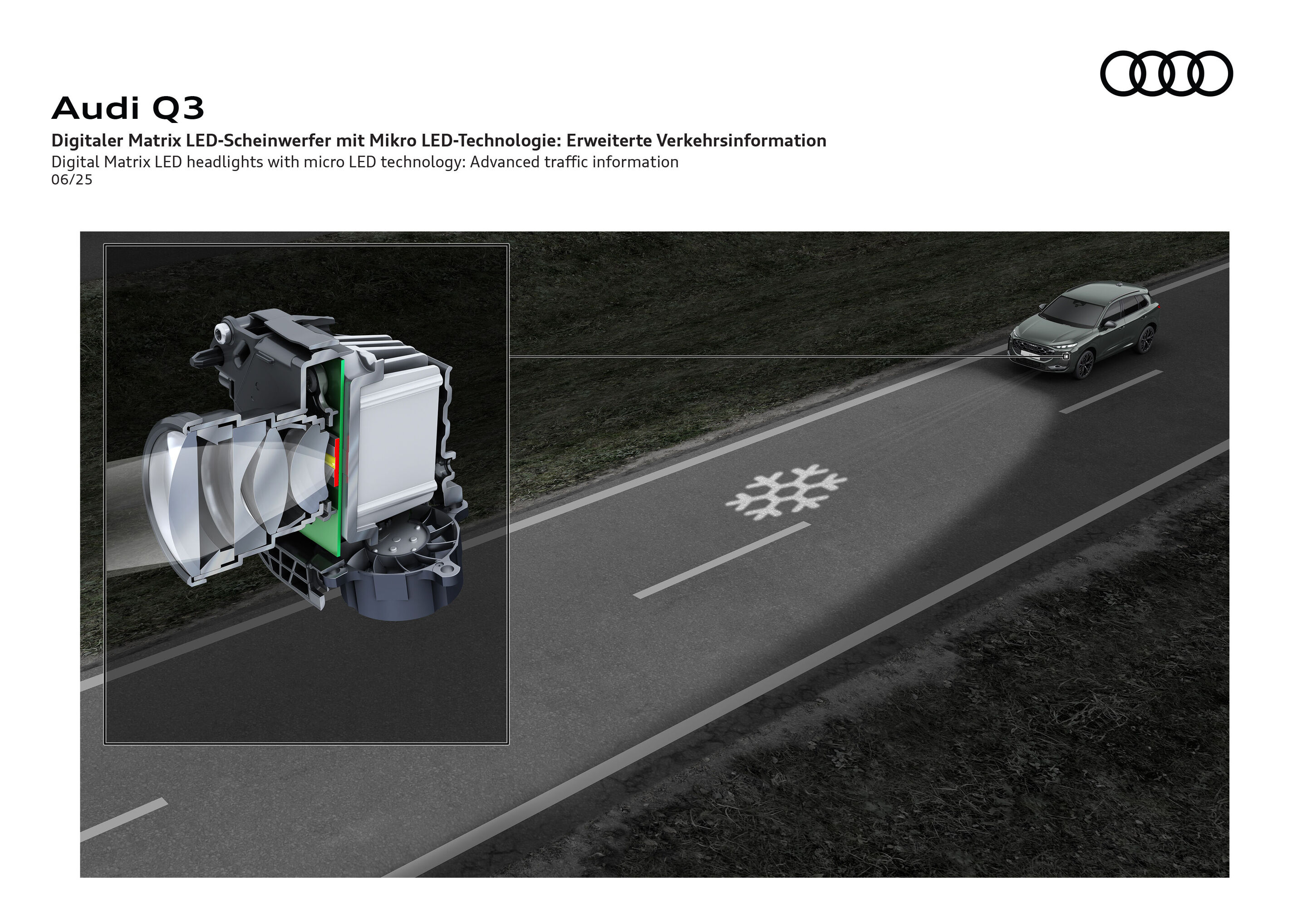Illustration - Audi Q3 - Digital Matrix LED headlights with micro-LED technology: advanced traffic information - The illustration shows one of the digital Matrix LED headlight’s advanced traffic information functions, where a symbol is projected onto...