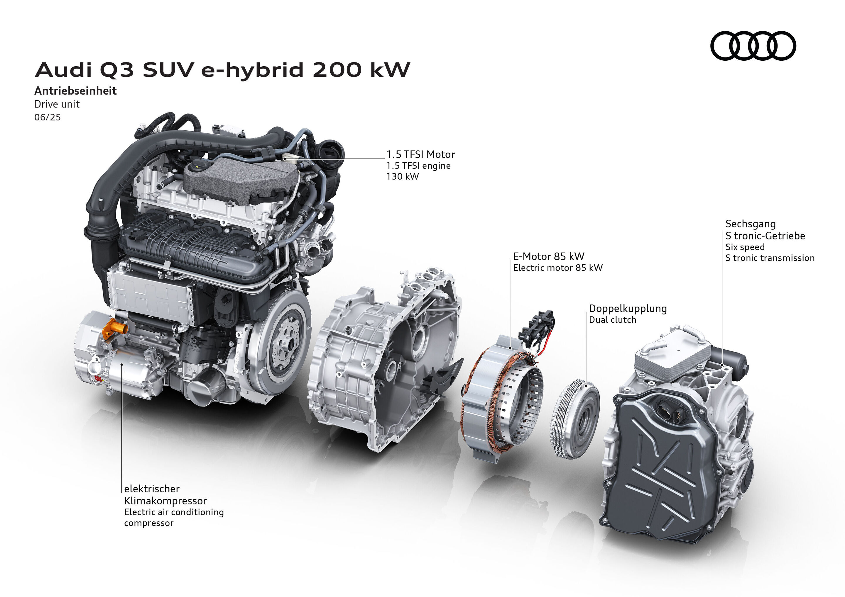 Illustration - Audi Q3 SUV e-hybrid 200 kW - Drive unit - The illustration shows an exploded view of the main components of the Audi Q3 e-hybrid 200 kW drive unit.